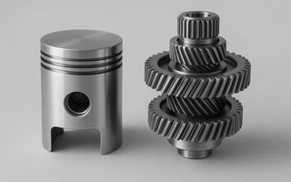 Ein silberner Kolben und ein Getriebemechanismus aus Metall liegen nebeneinander auf einer grauen Oberfläche.
