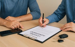 Zwei Personen sitzen an einem Tisch, eine Person zeigt auf ein Leasingvertrag-Dokument, die andere Person hält einen Stift bereit. Neben dem Dokument liegen zwei Autoschlüssel und ein Smartphone.