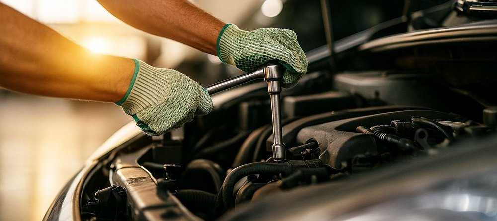 Eine Person mit Arbeitshandschuhen benutzt einen Drehmomentschlüssel, um an einem Motor in einer Werkstatt zu arbeiten.