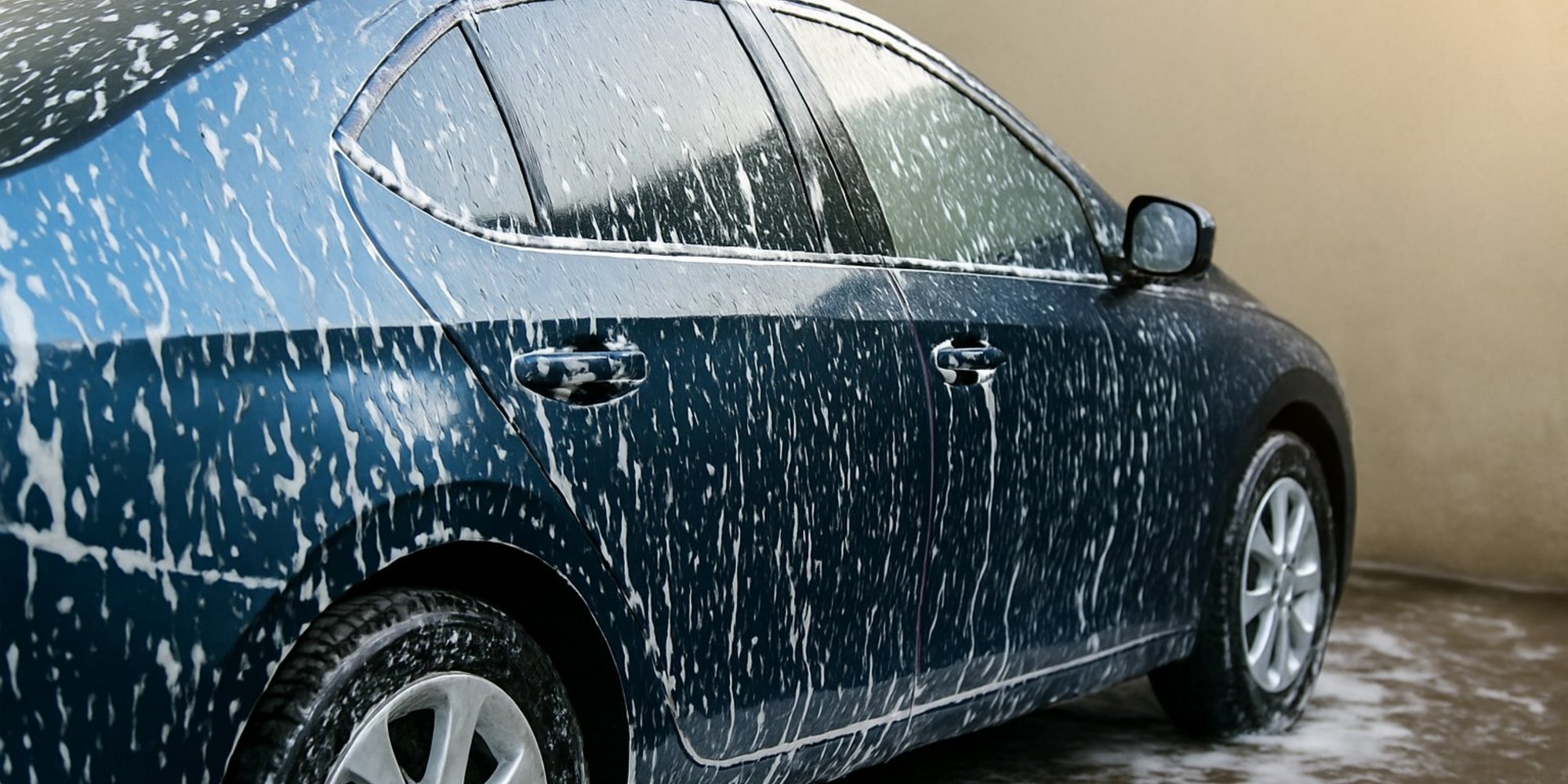 Ein Auto wird mit Schaumwasser gewaschen.