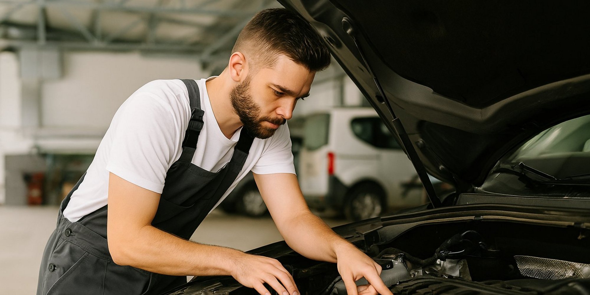 Ein Mechaniker untersucht konzentriert den Motorraum eines Fahrzeugs in einer Werkstatt.